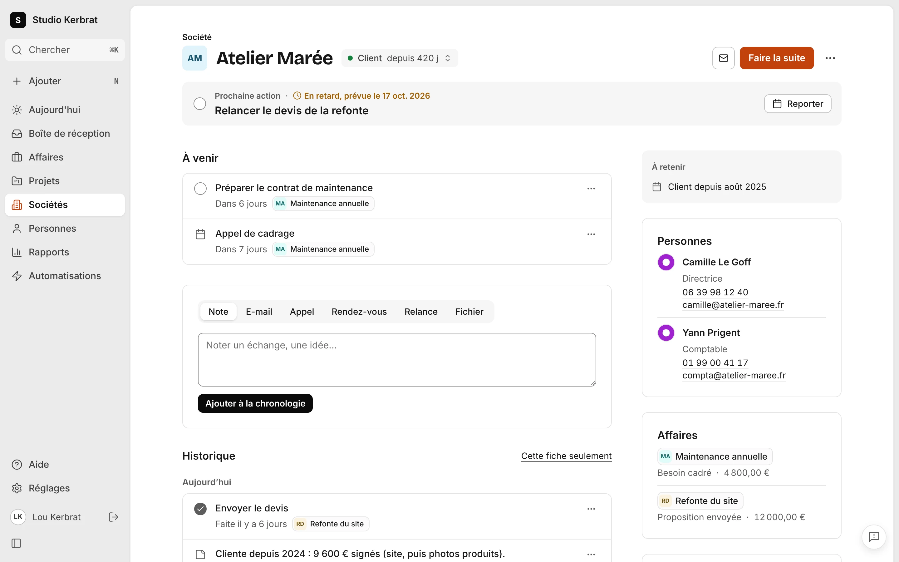 La fiche d’Atelier Marée : ses champs, ses contacts, ses affaires et l’historique de ses modifications.