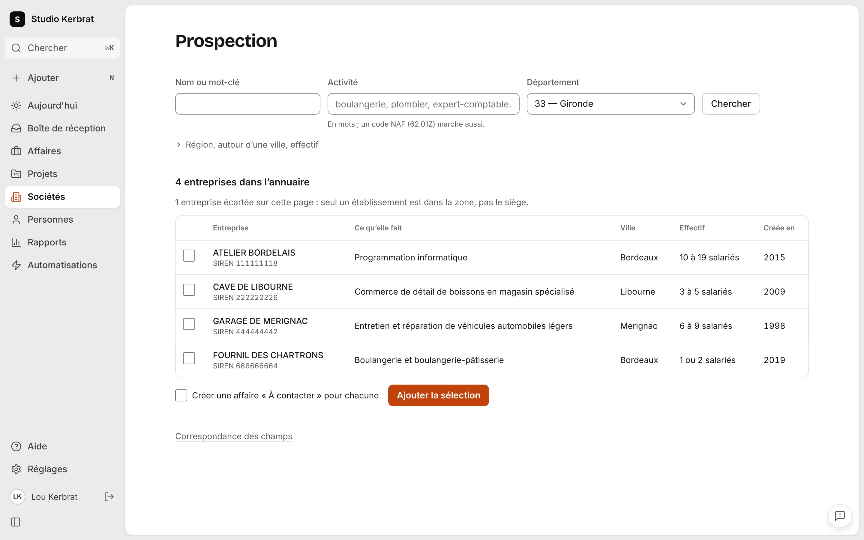 L’écran Prospection : la recherche « menuiserie » autour de Saint-Malo, et la liste des entreprises trouvées, avec celles déjà dans le CRM signalées.
